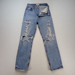 Agolde Jeans Womens 23 Blue 90s High Rise Straight Distressed Button Fly Denim